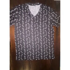 Siva Mens XL V-Neck T-Shirt Black White All Over Cross Graphic Print Tee